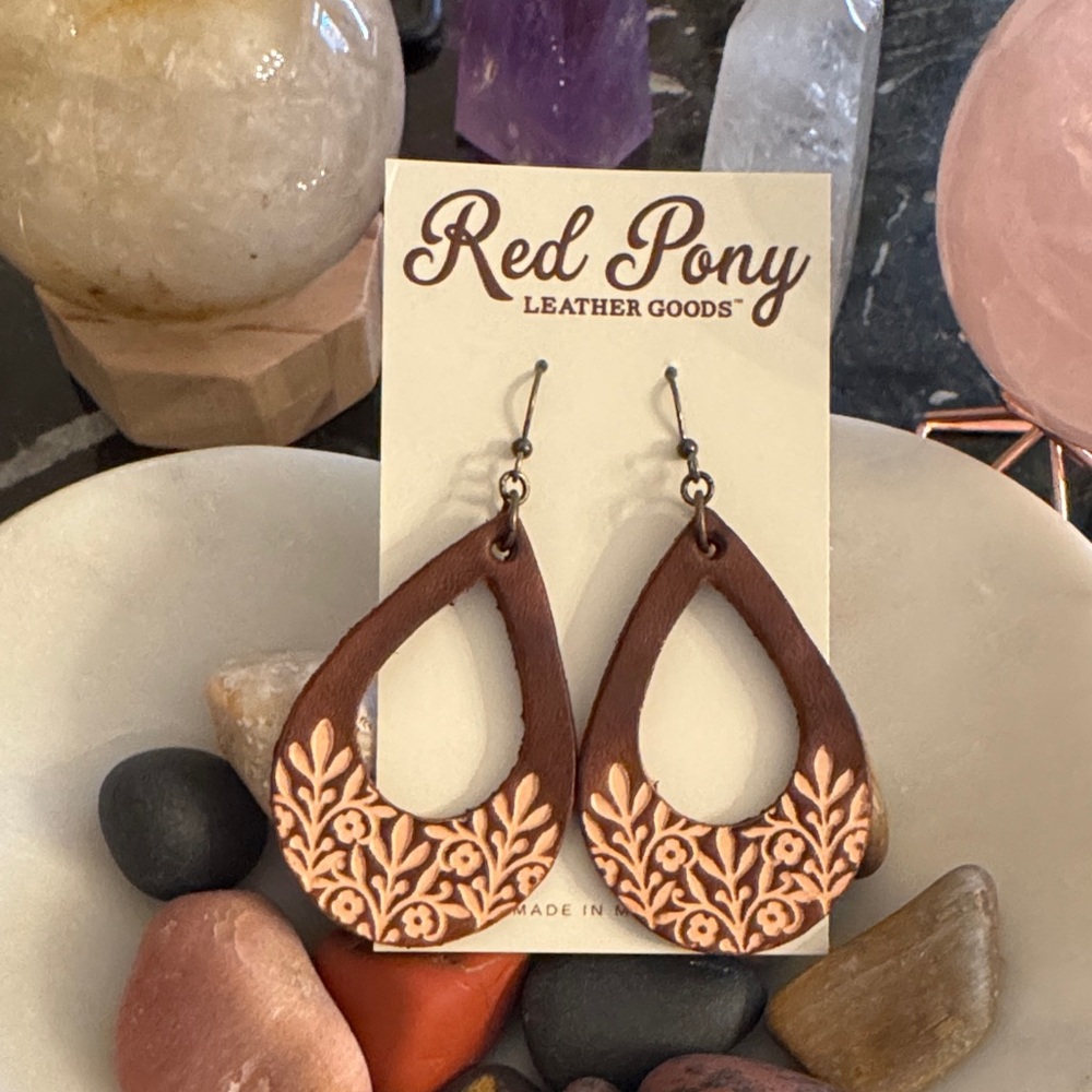 Red Pony Brown Leather Handmade Teardrop Earrings